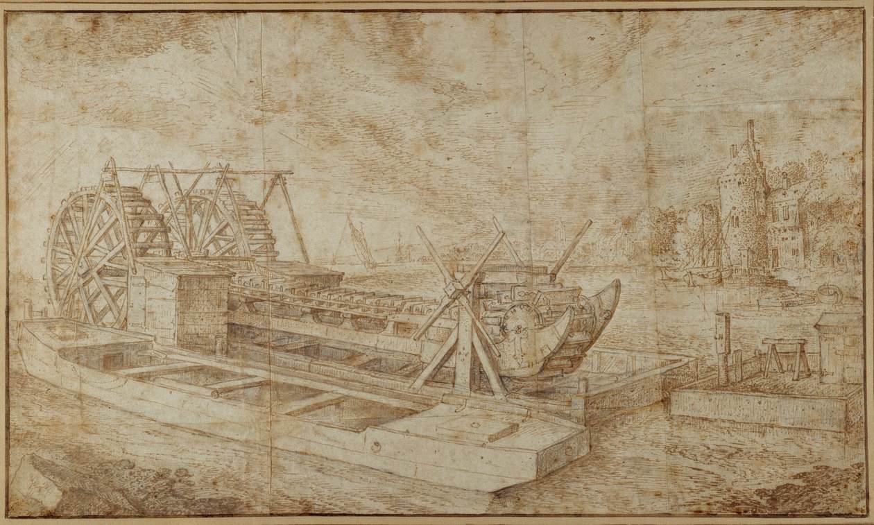 运河上的挖泥船（纸上水墨画笔）。 作者 罗兰特·雅各布斯（Roelandt Jacobsz）。储蓄