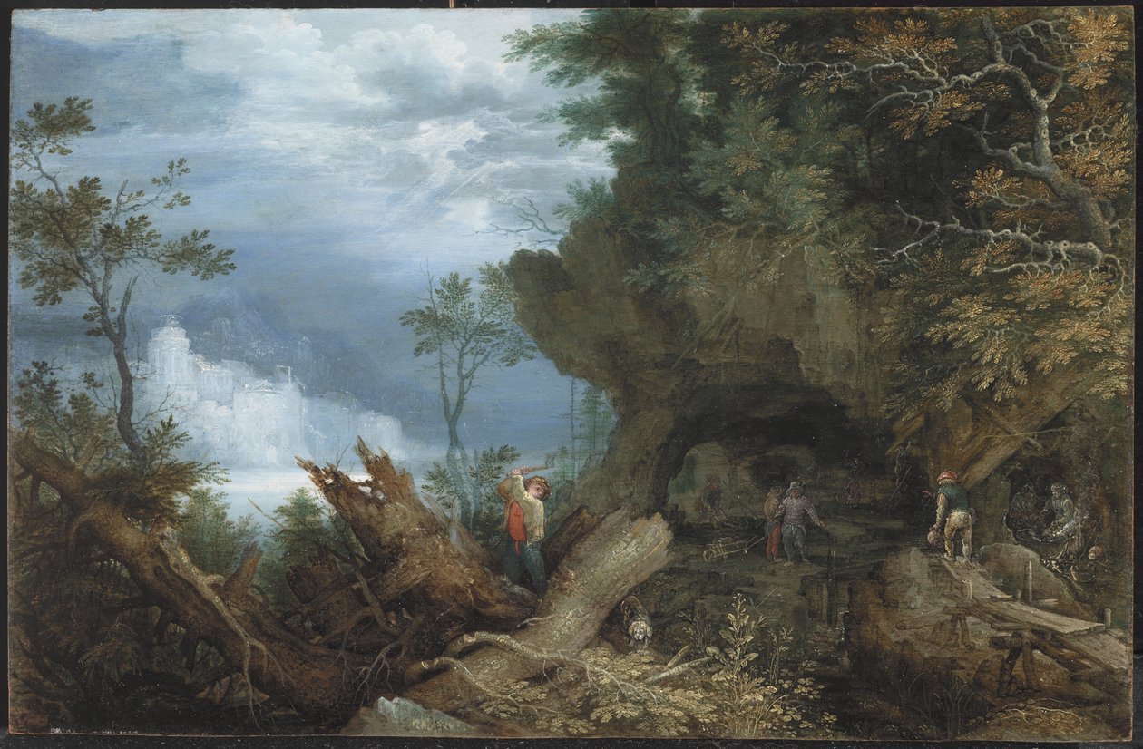 带有矿井入口的山区风景，约1612-13（山毛榉板油画 作者 罗兰特·雅各布斯（Roelandt Jacobsz）。储蓄