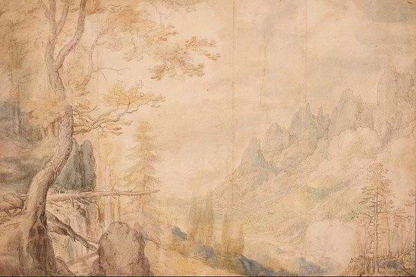 Pd.696-1963 阿尔卑斯山风景，约1606-7（粉笔，水彩）。 作者 罗兰特·雅各布斯（Roelandt Jacobsz）。储蓄