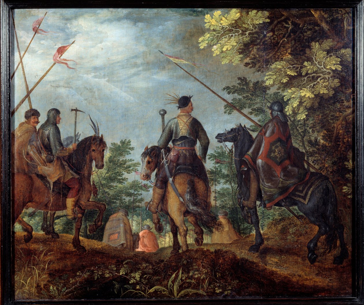 波兰骑手在树林中行走。罗兰特（Roelandt）-萨维里（1576-1639）的画作 作者 罗兰特·雅各布斯（Roelandt Jacobsz）。储蓄