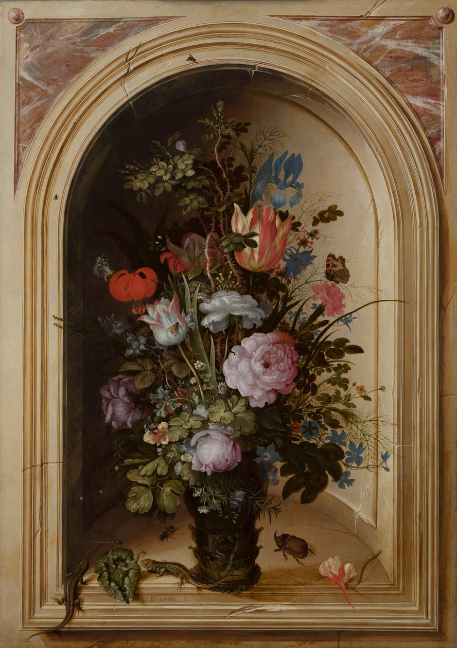 花瓶在石壁iche中，1615年 作者 罗兰特·雅各布斯（Roelandt Jacobsz）。储蓄