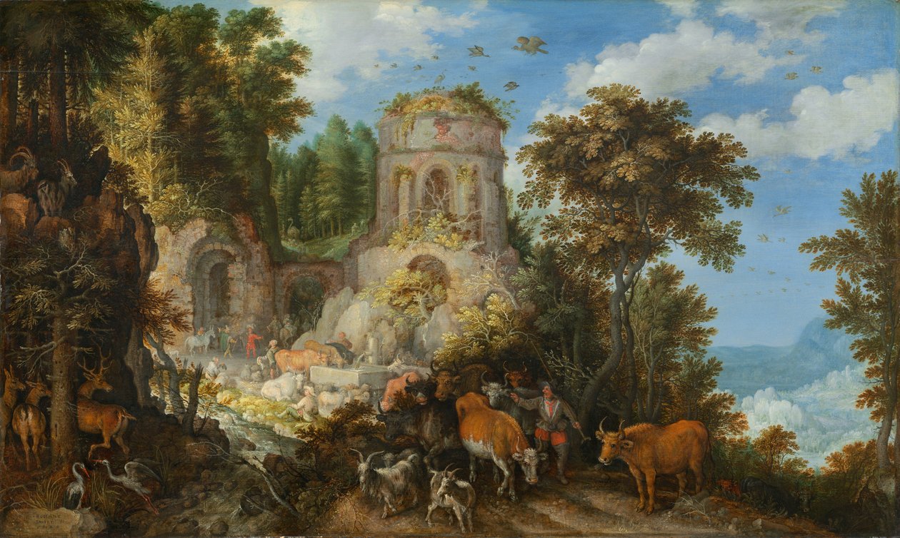 随着飞往埃及的景观 作者 罗兰特·雅各布斯（Roelandt Jacobsz）。储蓄