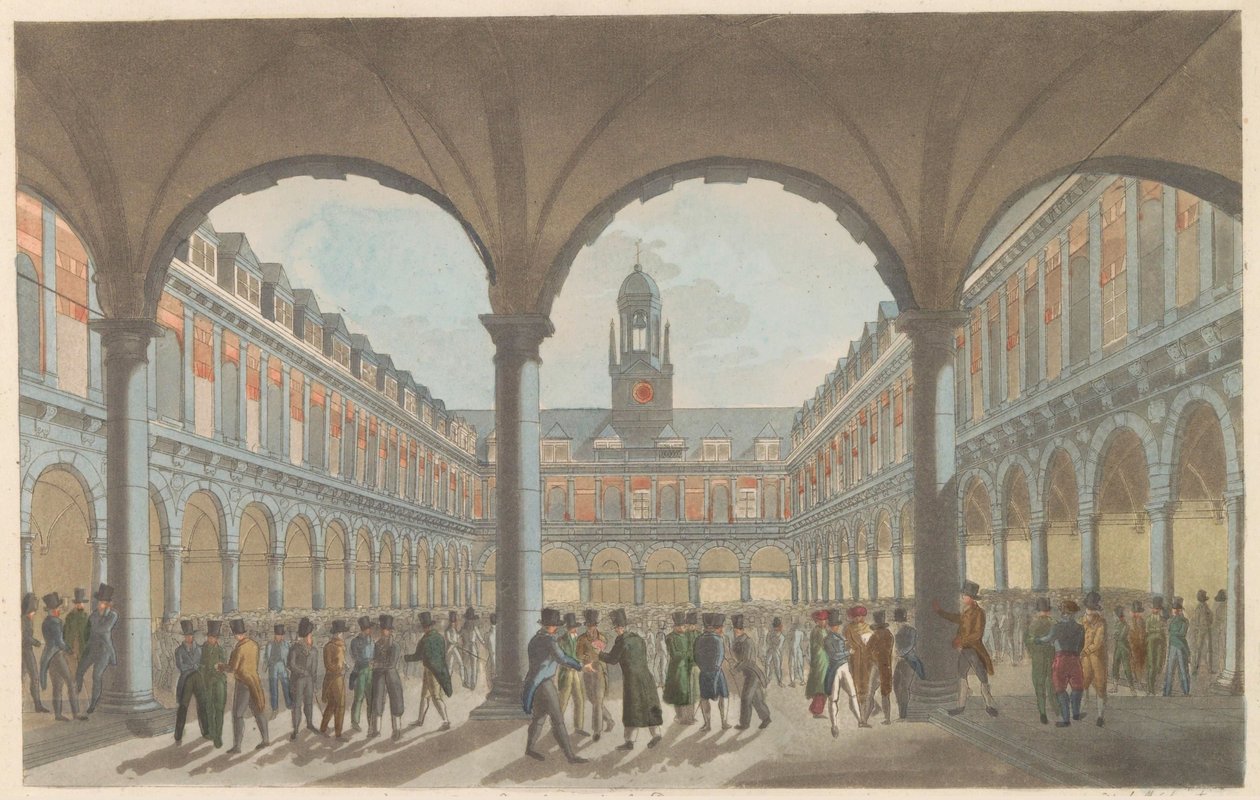 阿姆斯特丹证券交易所，约 1825 年
De Beurs te Amsterdam / La Bourse à Amsterdam（物品上的标题） 作者 罗洛夫·范德穆伦