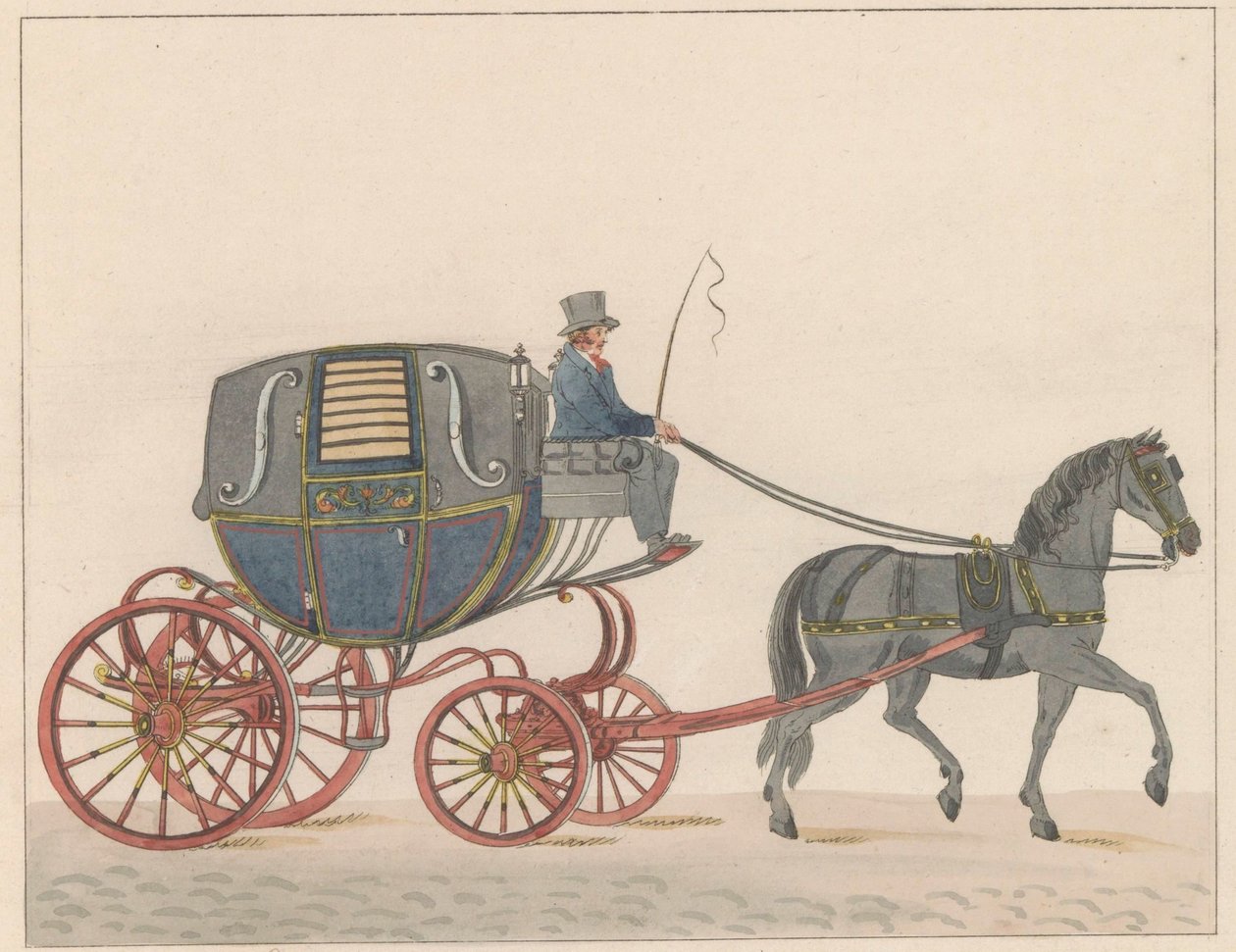 阿姆斯特丹的马车，约 1825 年
Een Amsterdamsche Huurkoetsje of Brommertje / Un Fiacre de Louage en usage à Amsterdam A ij connu sous la nom de Brommertje（物上标题） 作者 罗洛夫·范德穆伦