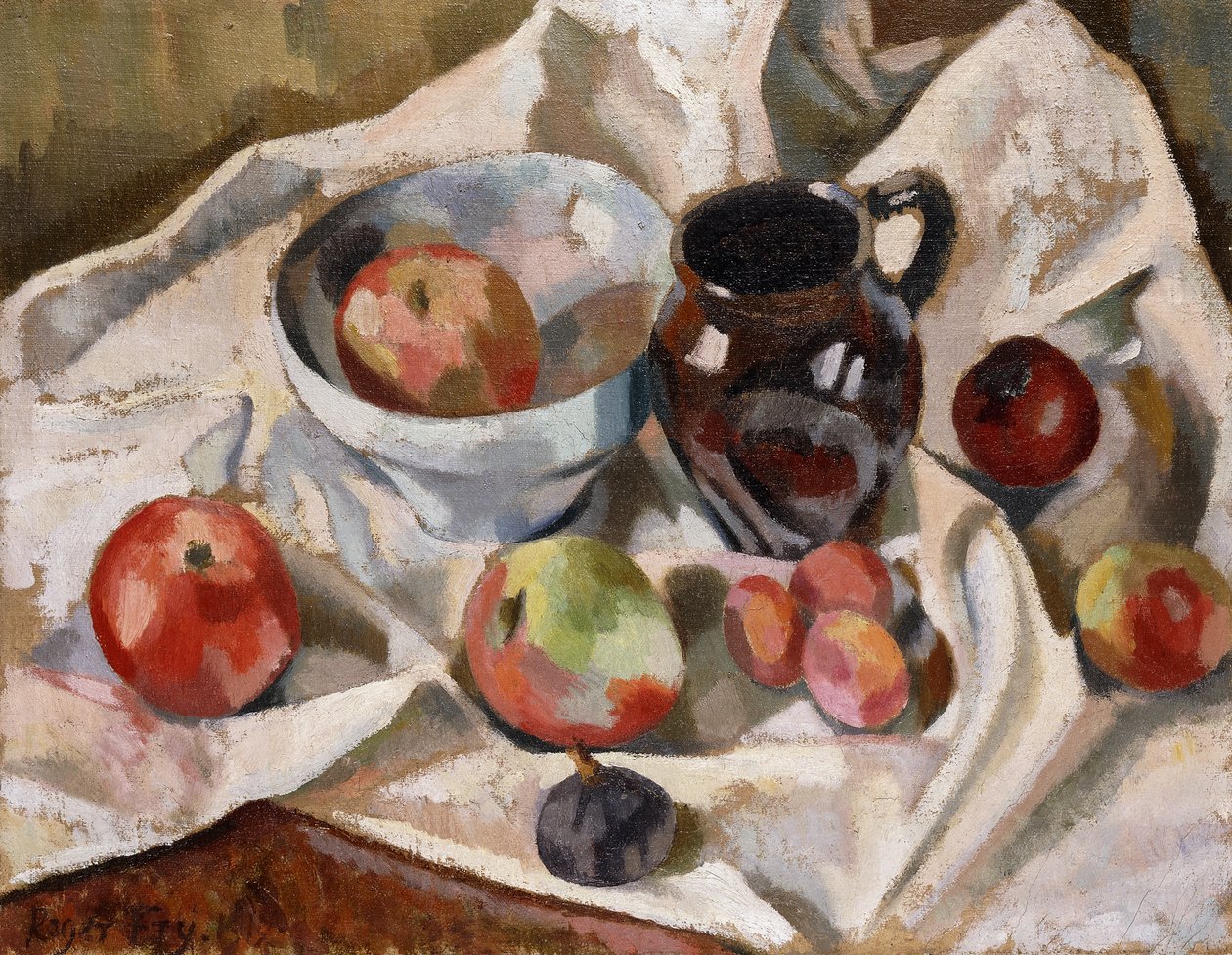 苹果，李子和水罐静物画，1919年 作者 罗杰·艾略特·弗莱