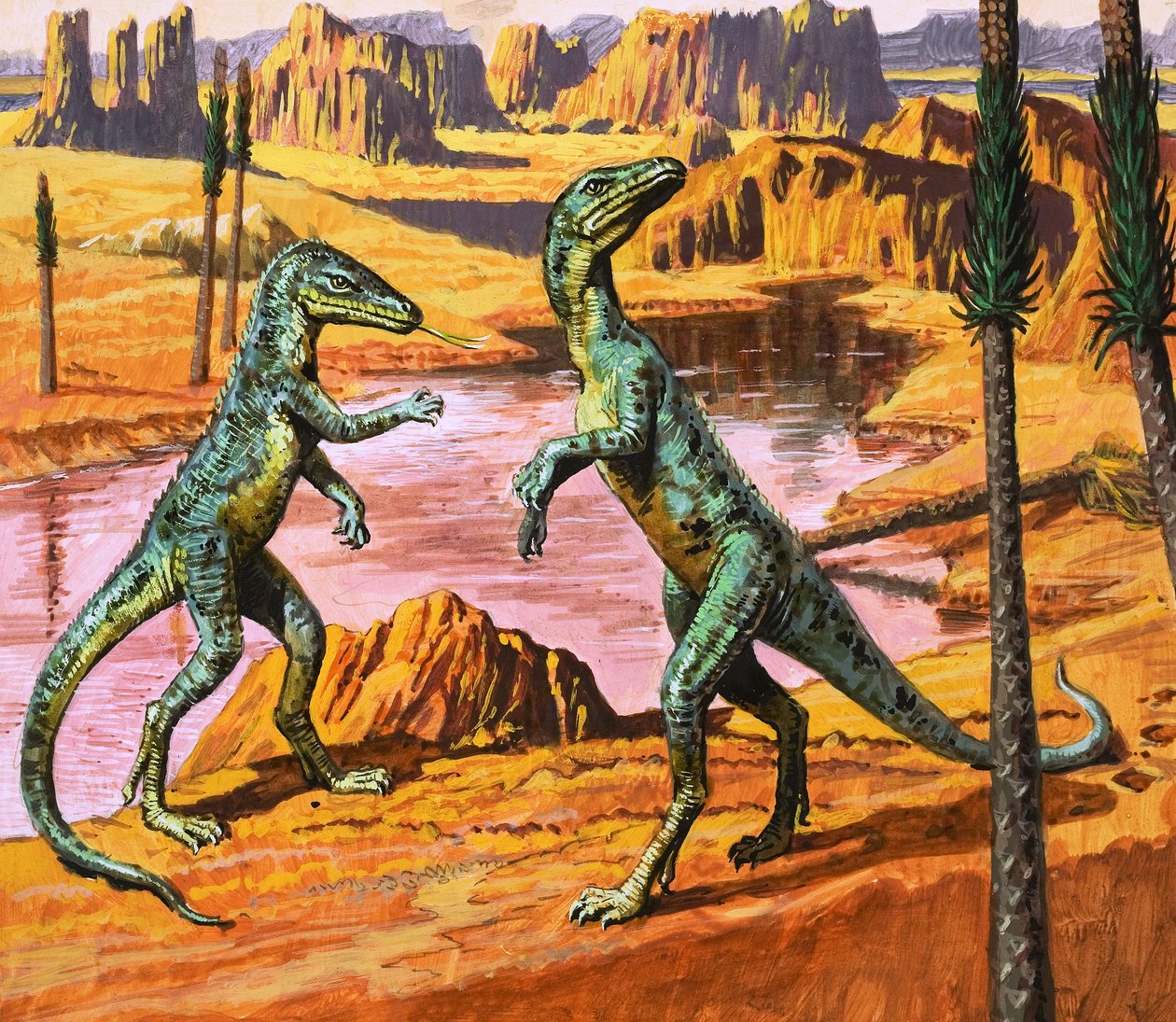 Saltoposuchus, 插图，选自《在恐龙时代，沙漠中的发现》，1980 年（纸面水粉画） 作者 罗杰·佩恩