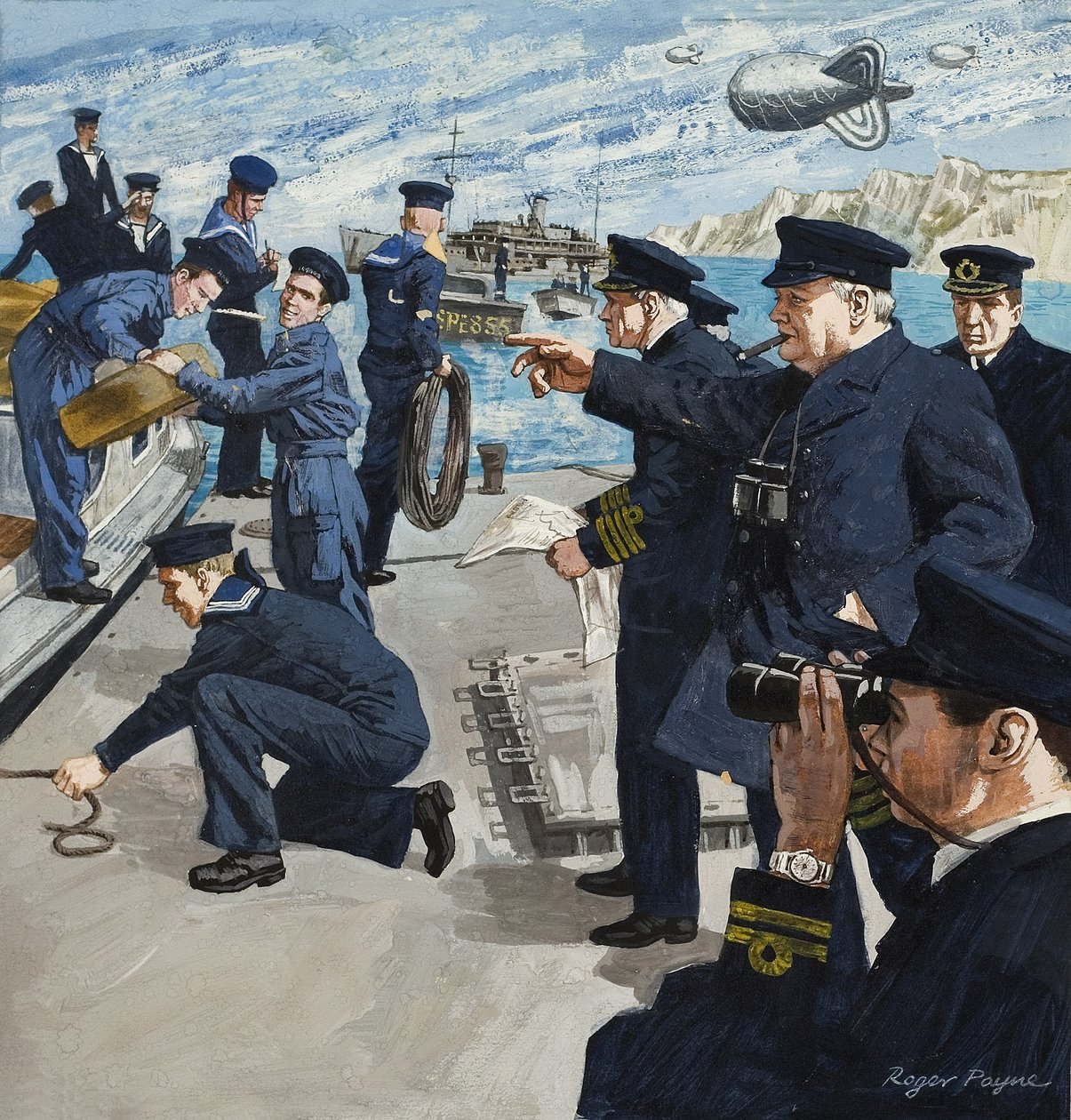 温斯顿-丘吉尔（1874-1965）在海军场景中（纸面水粉画） 作者 罗杰·佩恩