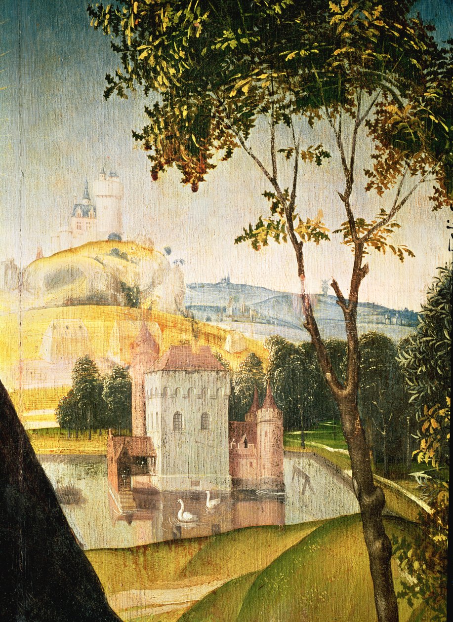 在护城河和两只天鹅的城堡景观，1460-66（细节344036） 作者 罗吉尔·范·德·韦登