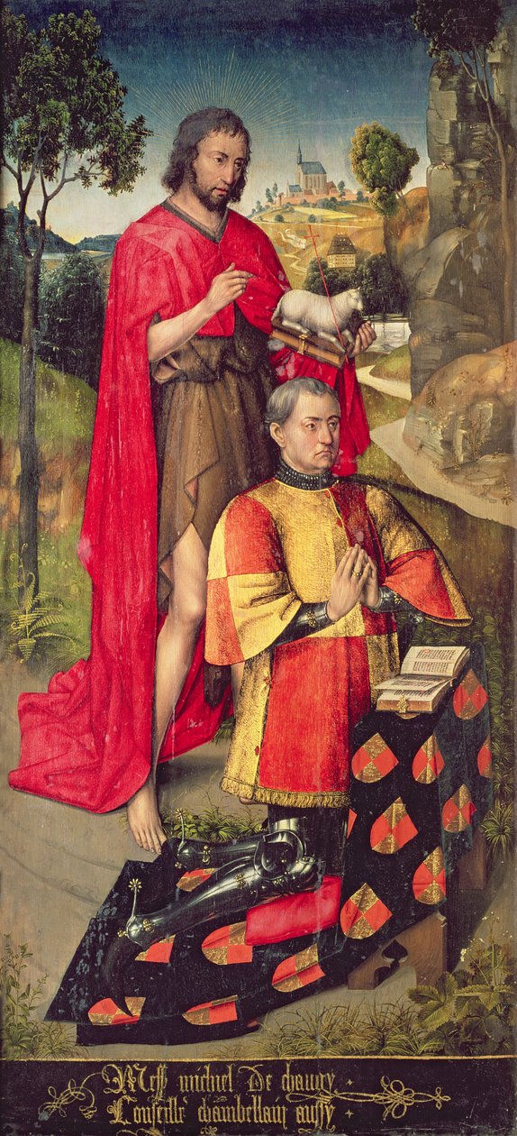 左图，来自主祭坛的polyptych，描绘了祭坛画的捐赠者之父Jean de Chaugy，1460-66 作者 罗吉尔·范·德·韦登