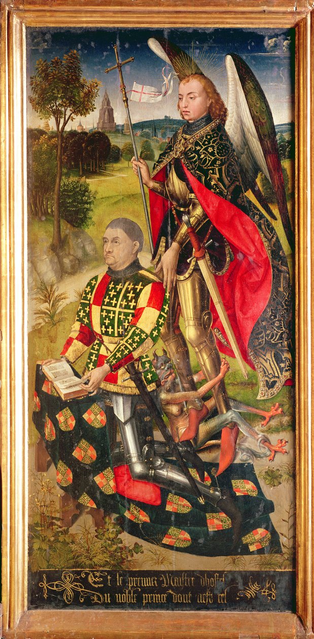 右图，来自主祭坛的polyptych，描绘了祭坛画的捐赠者，Michel de Chaugy，1460-66 作者 罗吉尔·范·德·韦登