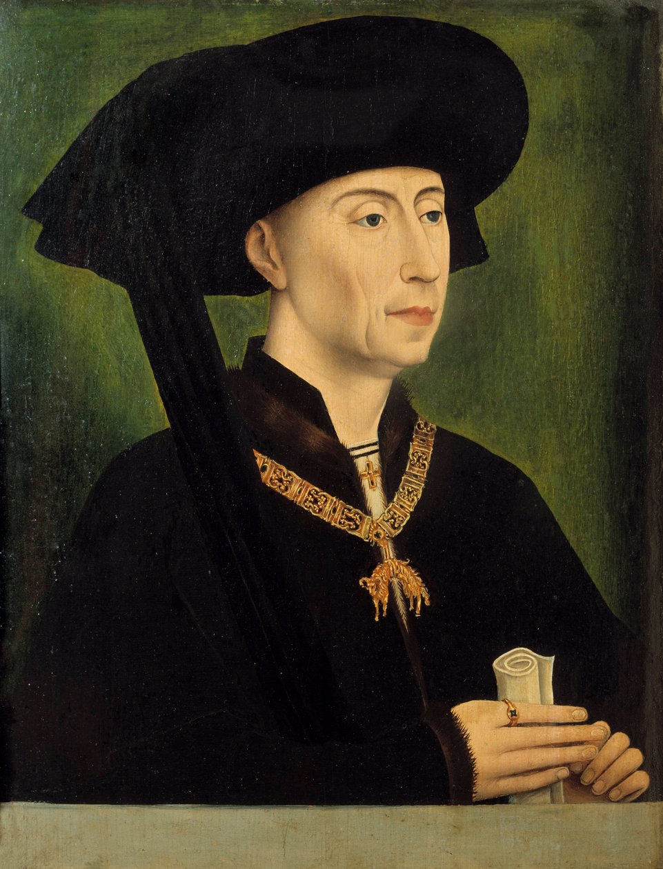 勃艮第公爵 Philippe the Good (1396-1467) 的肖像 由 Roger (Rogier) van der Weyden (1400-1464) 15 世纪 Sun 绘制。 0,34x0,25 m - 勃艮第公爵菲利普 (1396-1467) 的肖像。 罗杰 (Rogier) 范德韦登 (1400- 作者 罗吉尔·范德（后）韦登