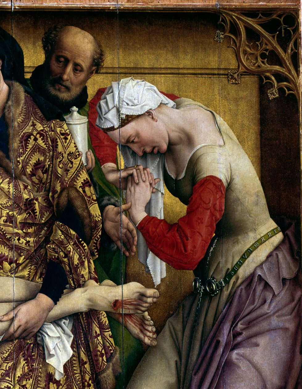 十字架的沉积或下降。 圣玛丽玛德琳的细节。 罗吉尔祭坛画 (Roger) Van Der Weyden (1400-1464) 1435 Dim。 2,20 x 0,35 m 马德里，普拉多博物馆 - 十字架的沉积或下降。 圣玛丽抹大拉的细节。 祭坛画 作者 罗吉尔·范·德·韦登