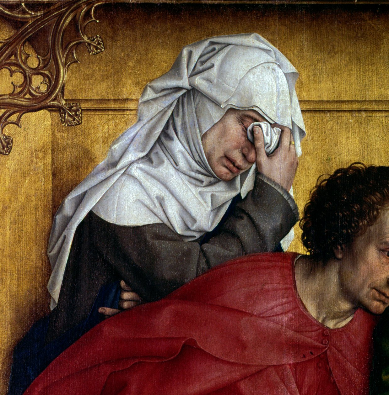 十字架的沉积或下降。 泪流满面的人物细节。 罗吉尔祭坛画 (Roger) Van Der Weyden (1400-1464) 1435 Dim。 2,20 x 0,35 m 马德里，普拉多博物馆 - 十字架的沉积或下降。 哀悼人物的细节。 阿尔塔皮 作者 罗吉尔·范·德·韦登