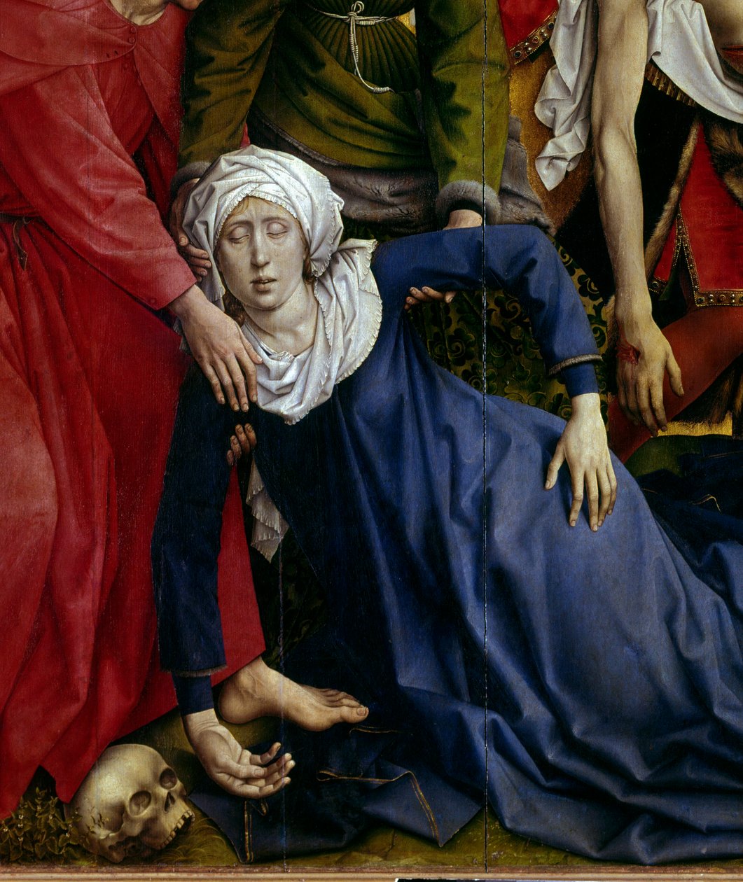 十字架的沉积或下降。 消失的处女的细节。 罗吉尔祭坛画 (Roger) Van Der Weyden (1400-1464) 1435 Dim。 2,20 x 0,35 m 马德里，普拉多博物馆 - 十字架的沉积或下降。 处女晕倒的细节。 祭坛画 作者 罗吉尔·范·德·韦登