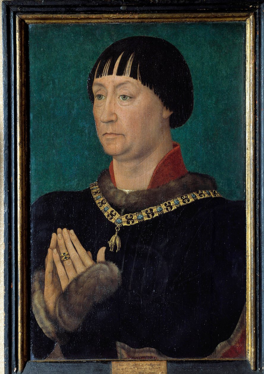 约翰一世的肖像说克利夫斯公爵 (1419-1481) 由 Rogier (Roger) van der Weyden (1400-1464) 15 世纪 Sun 绘画。 0,49x0,31 m。 作者 罗吉尔·范·德·韦登
