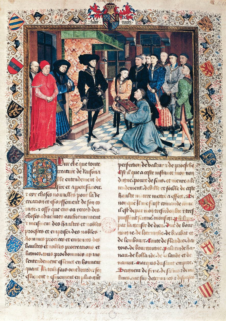 Jean Wauquelin向勃艮第公爵Philippe the Good（1396-1467）介绍《海诺特编年史》。 作者 罗吉尔·范·德·韦登