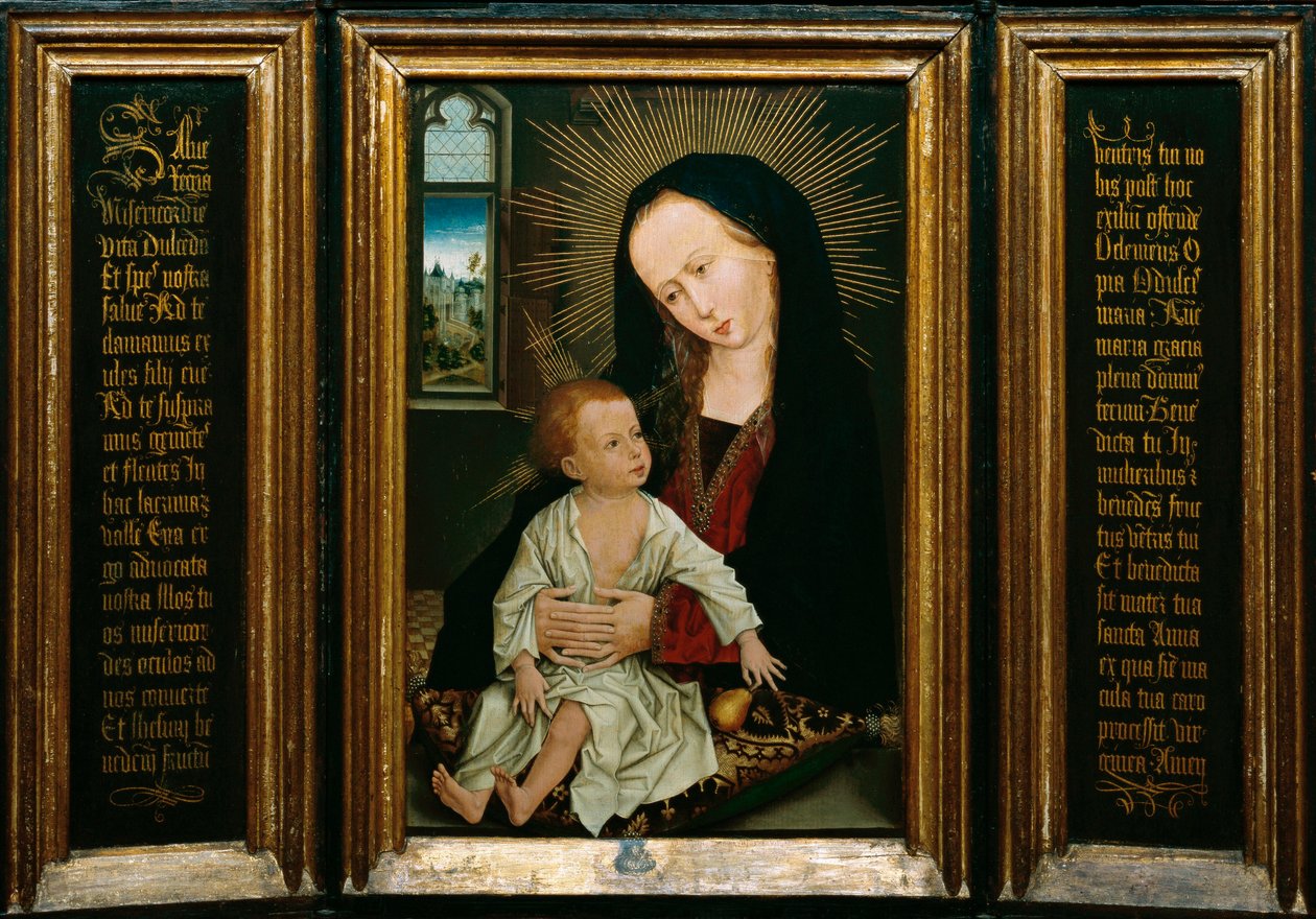 Salve Regina（Salve，O Queen，天主教祈祷），代表圣母和孩子拿着梨（木头油） 作者 罗吉尔·范·德·韦登