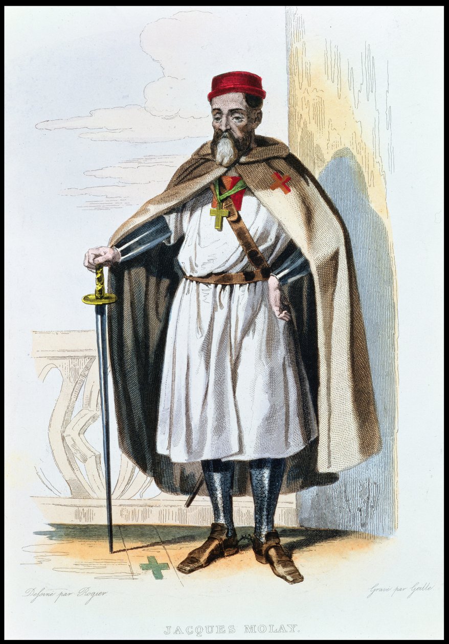 Jacques de Molay的肖像（c.1243-1314）圣殿骑士团的大师，来自E. Mennechet的&39;The French Plutarch&39;的插图，由Geille雕刻，1835年 作者 罗格