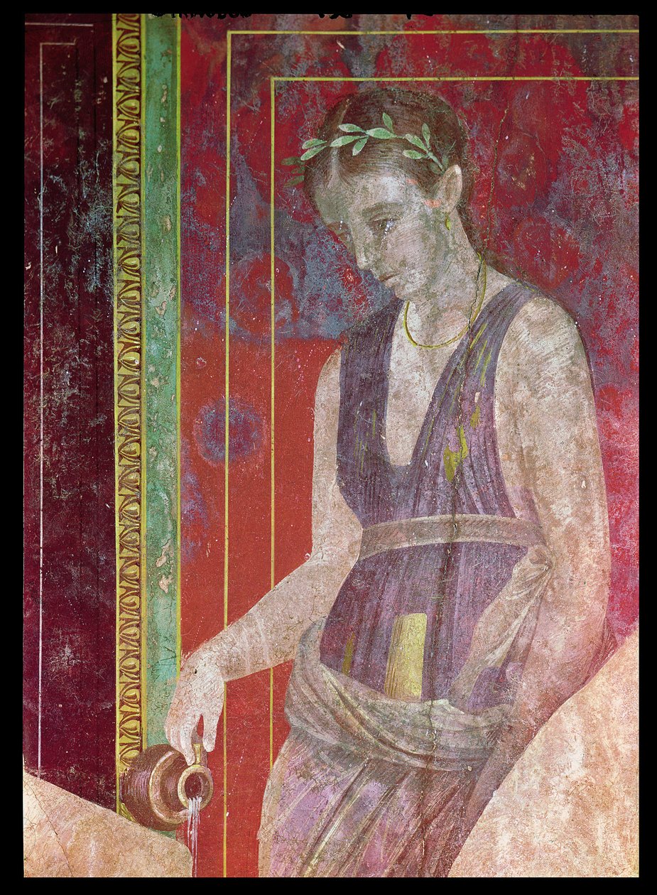 从一个水罐，北墙，Oecus 5,60-50 BC的服务员浇注液体57185的壁画细节 作者 小说