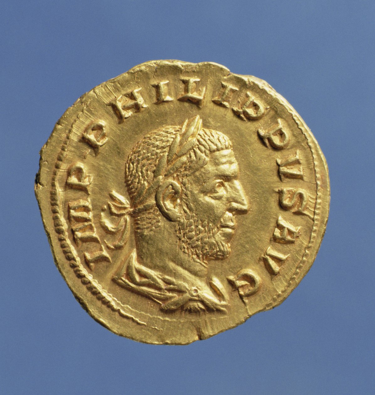 菲律宾阿拉伯人（244-249）的Aureus（正面）披着，戴着月桂花环。铭文：IMP PHILIPPVS AVG（黄金） 作者 小说