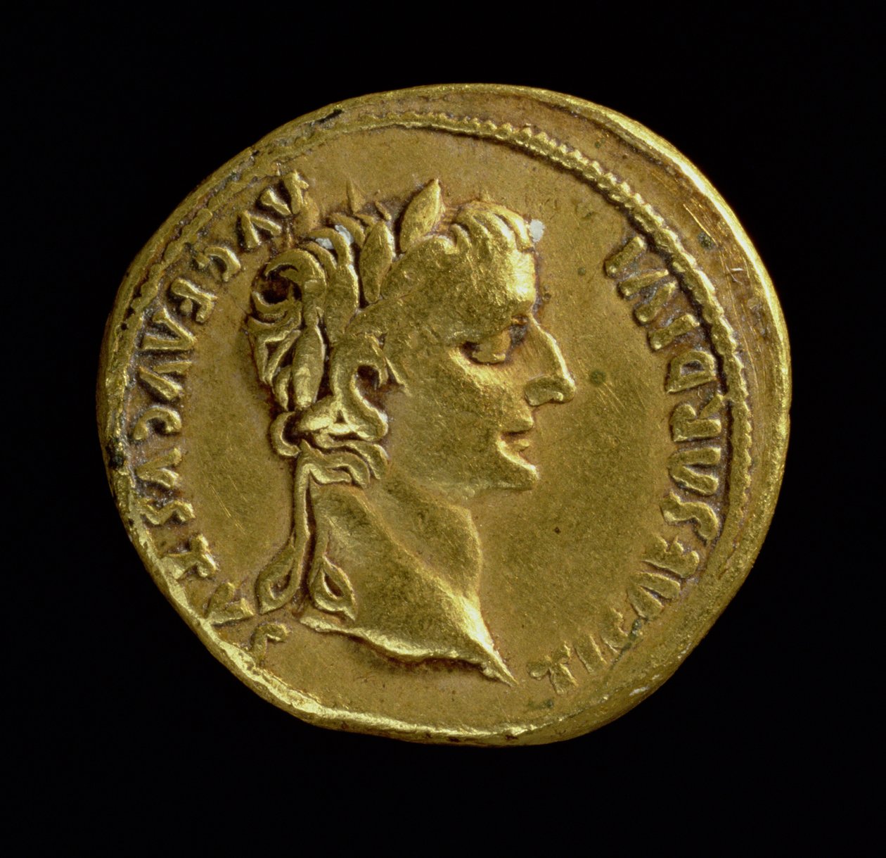 Aureus（正面）与Tiberius（公元14-AD37）的头戴着月桂花环。铭文：TI CAESAR DIVI AVG F AVGVSTVS（黄金）（反向见119138） 作者 小说