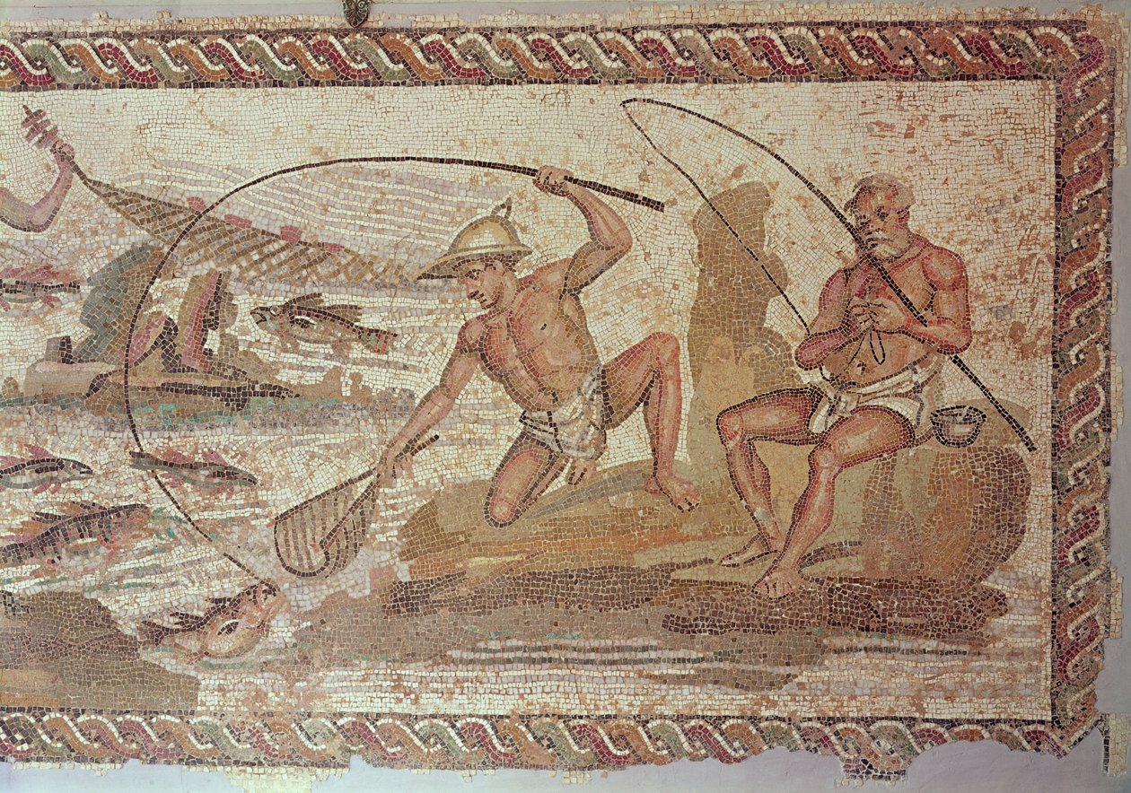 男子在尼罗河钓鱼，来自Villa Nile，Leptis Magna（马赛克） 作者 小说