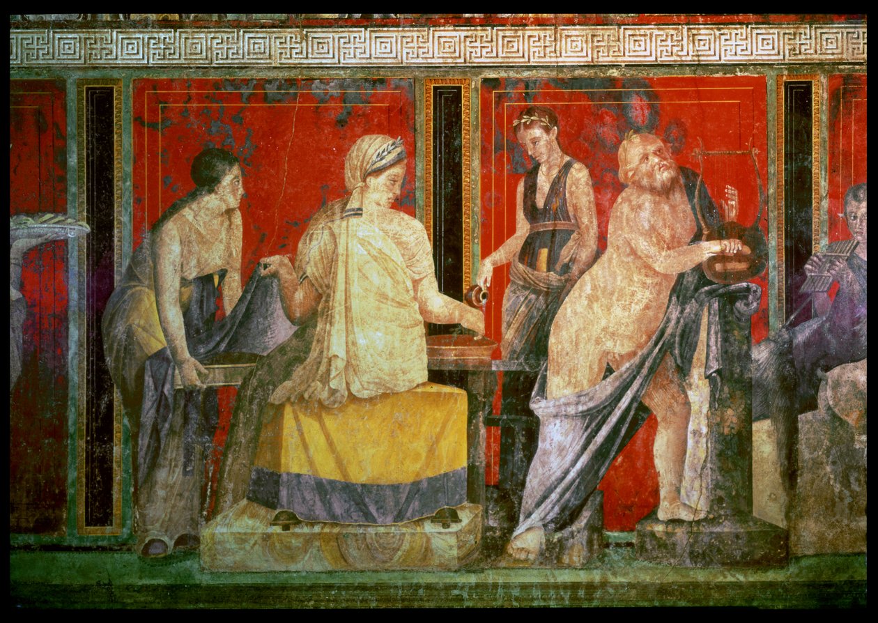 Ministrant携带一盘食物与Silenus播放Lyre和一个年轻的色狼播放Syrinx，北墙，Oecus 5，公元前60-50 作者 小说