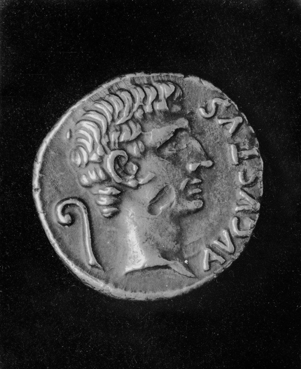 皇帝奥古斯都（63BC-14AD）的肖像，在朱莉娅（39BC-14AD）硬币的背面，奥古斯都的女儿（金属） 作者 小说