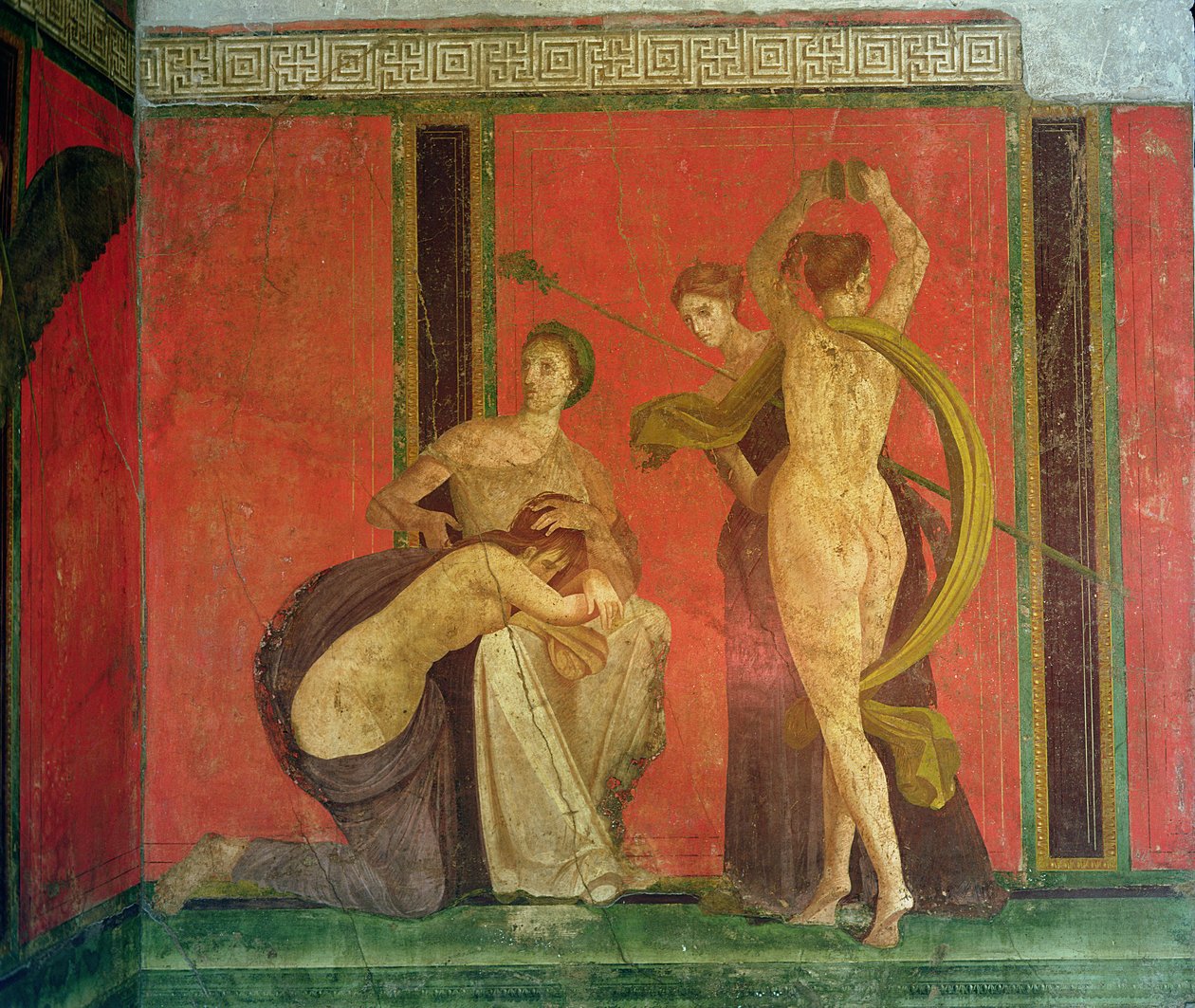 被鞭打的妇女和舞蹈家与钹，南墙，Oecus 5，第二Pompeiian样式 作者 小说