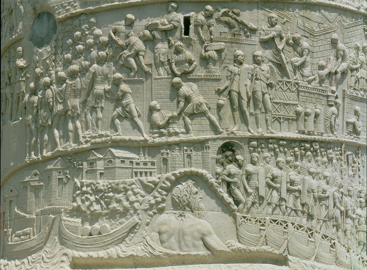 穿越多瑙河的罗马军队，详细信息来自Trajan&39;s Column，公元113年（石灰岩） 作者 小说