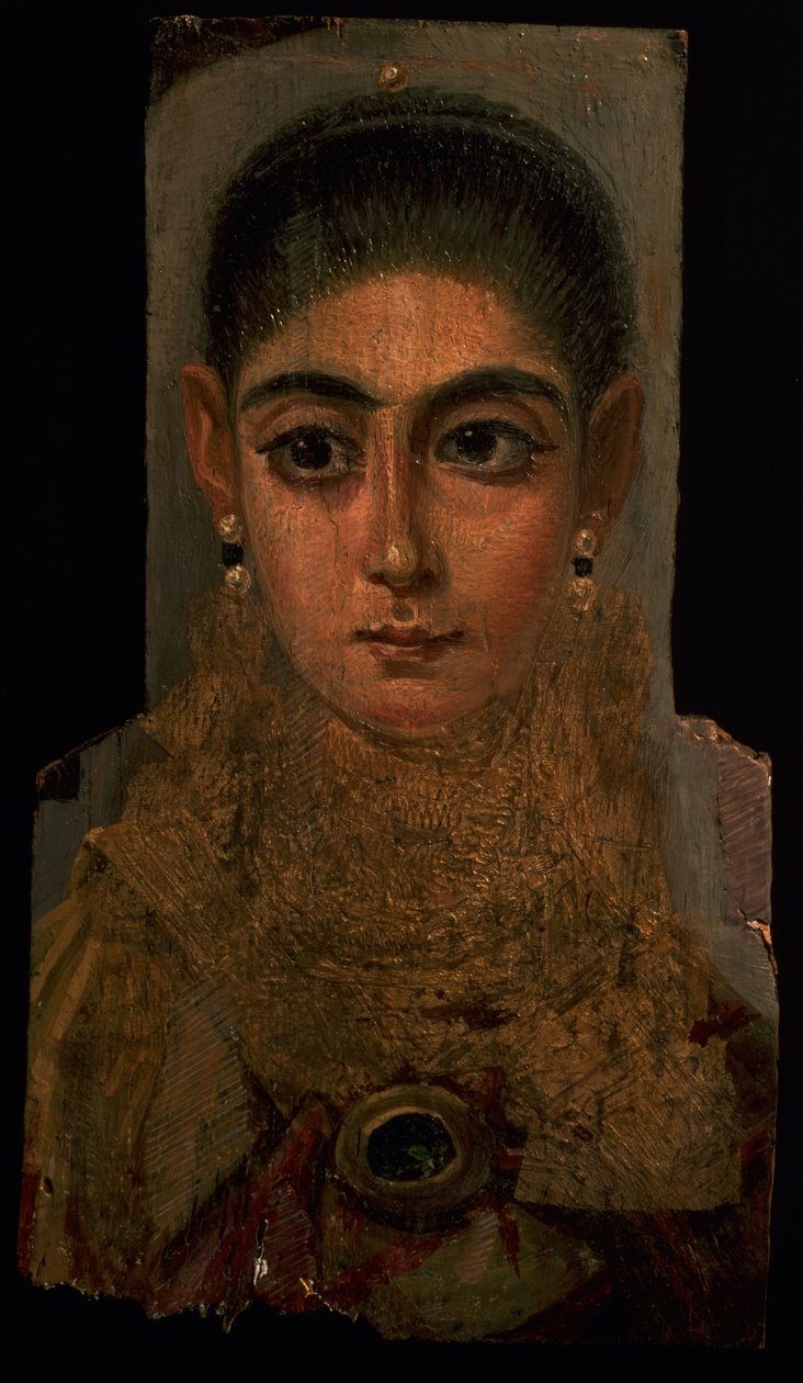 一个女人穿着金胸坟装饰的肖像，来自Fayum，公元120-130（在木头上的蜡和油漆） 作者 罗马时期 埃及人