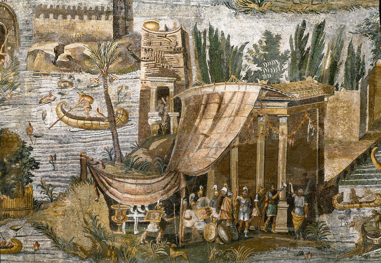 公元前 80 年财富 Primigenia 神殿的 Preneste (Palestrina) 尼罗河马赛克细节 作者 小说