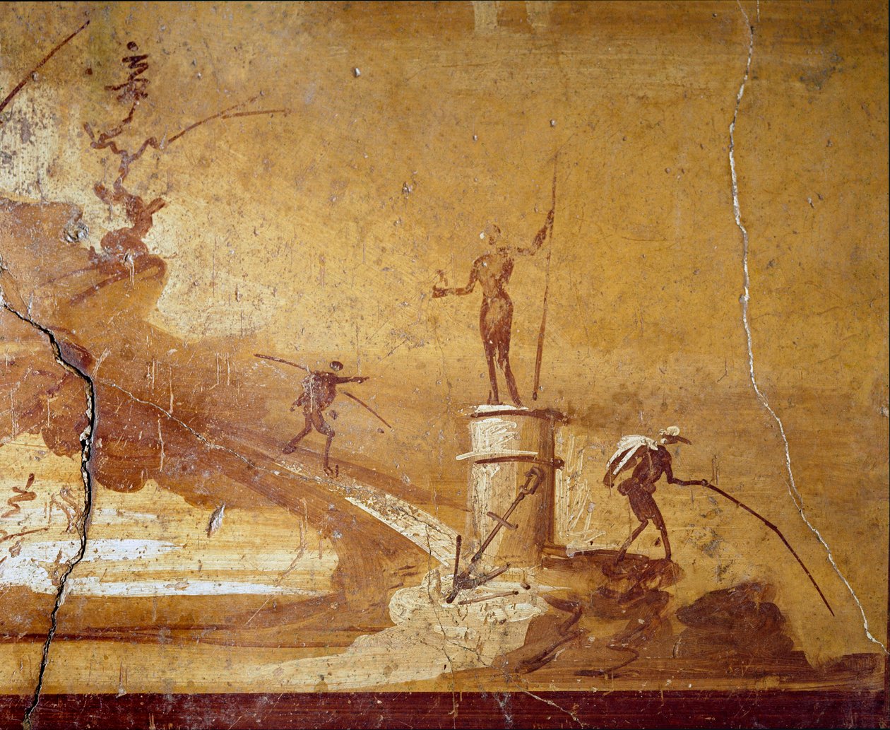 钓鱼场景 公元前1世纪赫库拉努姆（Ercolano）的单色壁画的细节。那不勒斯国家考古博物馆，编号9493 作者 小说