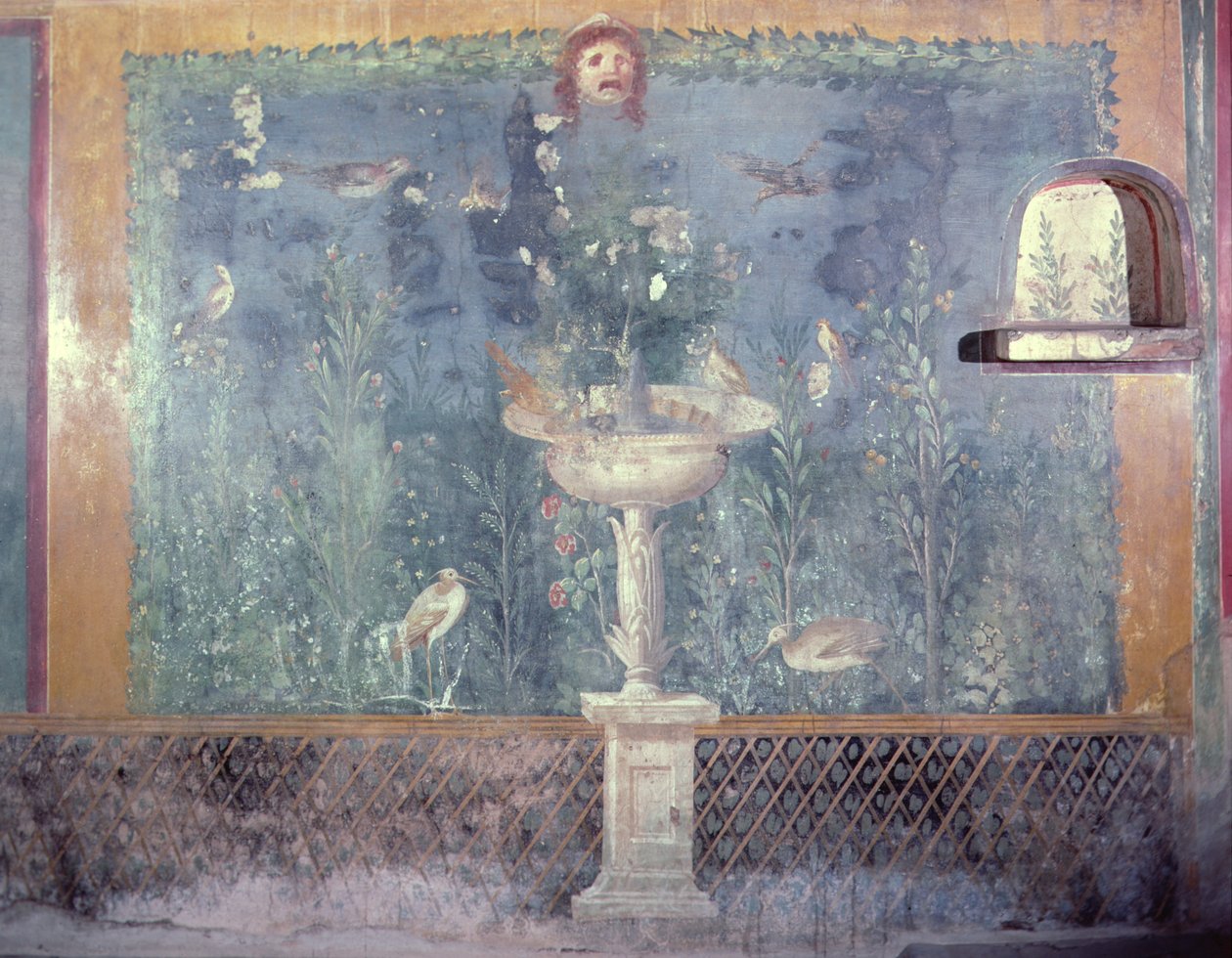 Fountain, mask and birds, House of Venus in shell, Pompei, Italy (fresco) 作者 小说