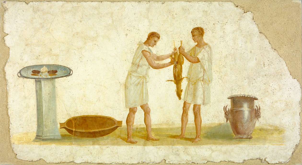 壁画面板的片段与膳食准备，c.100-150 作者 小说