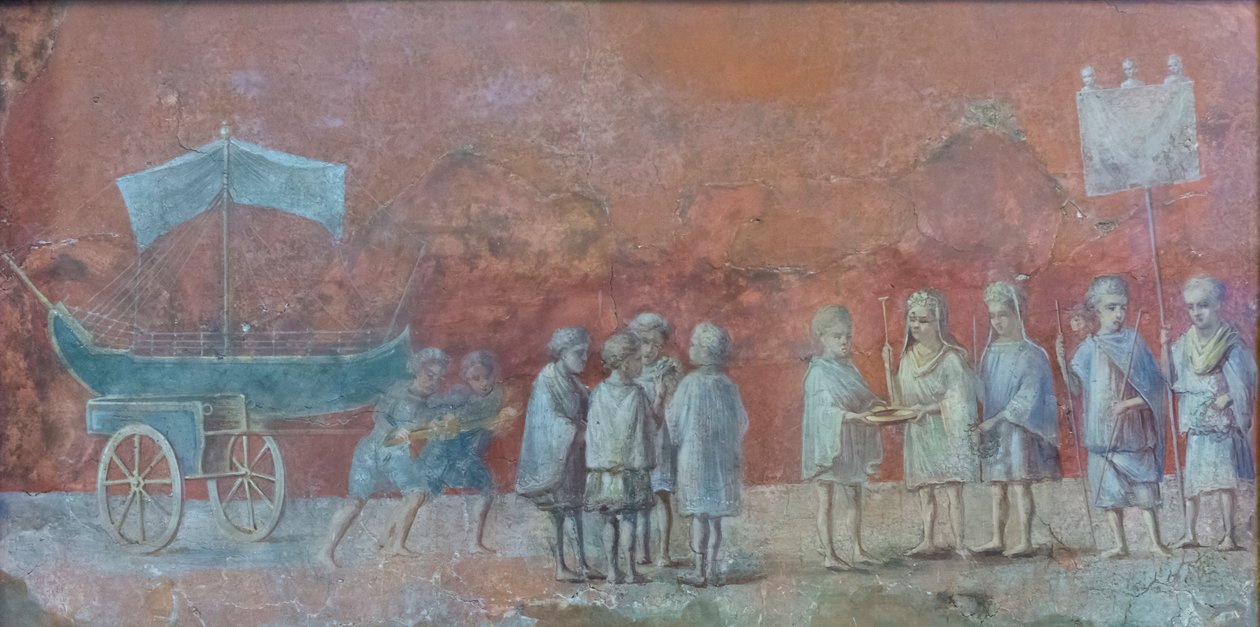 描绘航海伊西迪斯 (Isidis) 的日历壁画片段，伊西迪斯是在航行开始时举行的赎罪节，代表公元三世纪的三月（壁画） 作者 小说