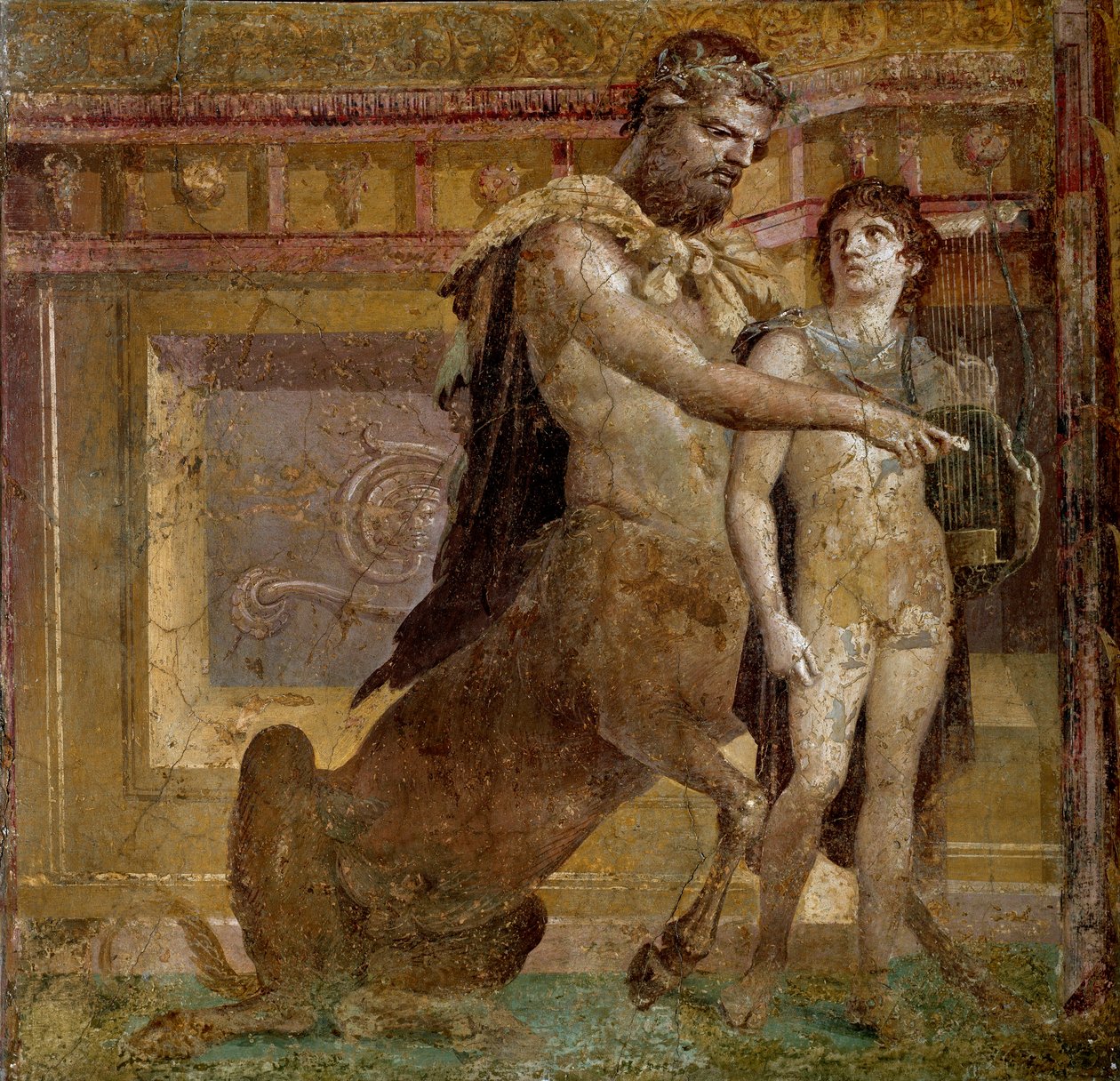 希腊神话：半人马凯龙和阿喀琉斯之子。 赫库兰努姆大教堂 (Basilica di Ercolano) 的壁画。 罗马艺术那不勒斯，Museo Archeologico Nazionale - 希腊神话：半人马凯龙星和阿喀琉斯之子或 C 的阿喀琉斯教育 作者 小说