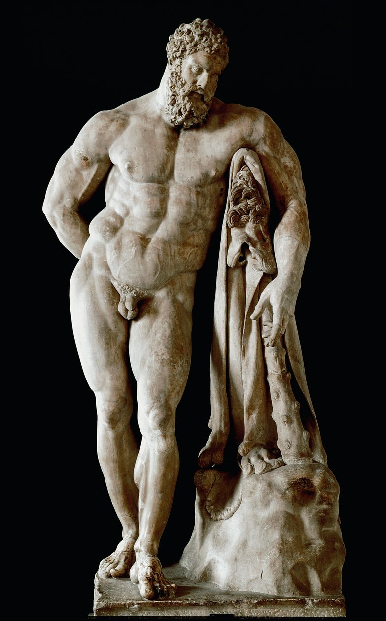 Hercules Farnese 来自罗马卡拉卡拉温泉浴场的 Glycon 大理石的巨大雕塑，来自 Dim Sicyone 的 Lysipus 的希腊原作。 3,17 m，JC 之后的第 3 世纪 - 那不勒斯考古博物馆 - Farnese Hercules - 大理石雕塑（H.31 作者 小说