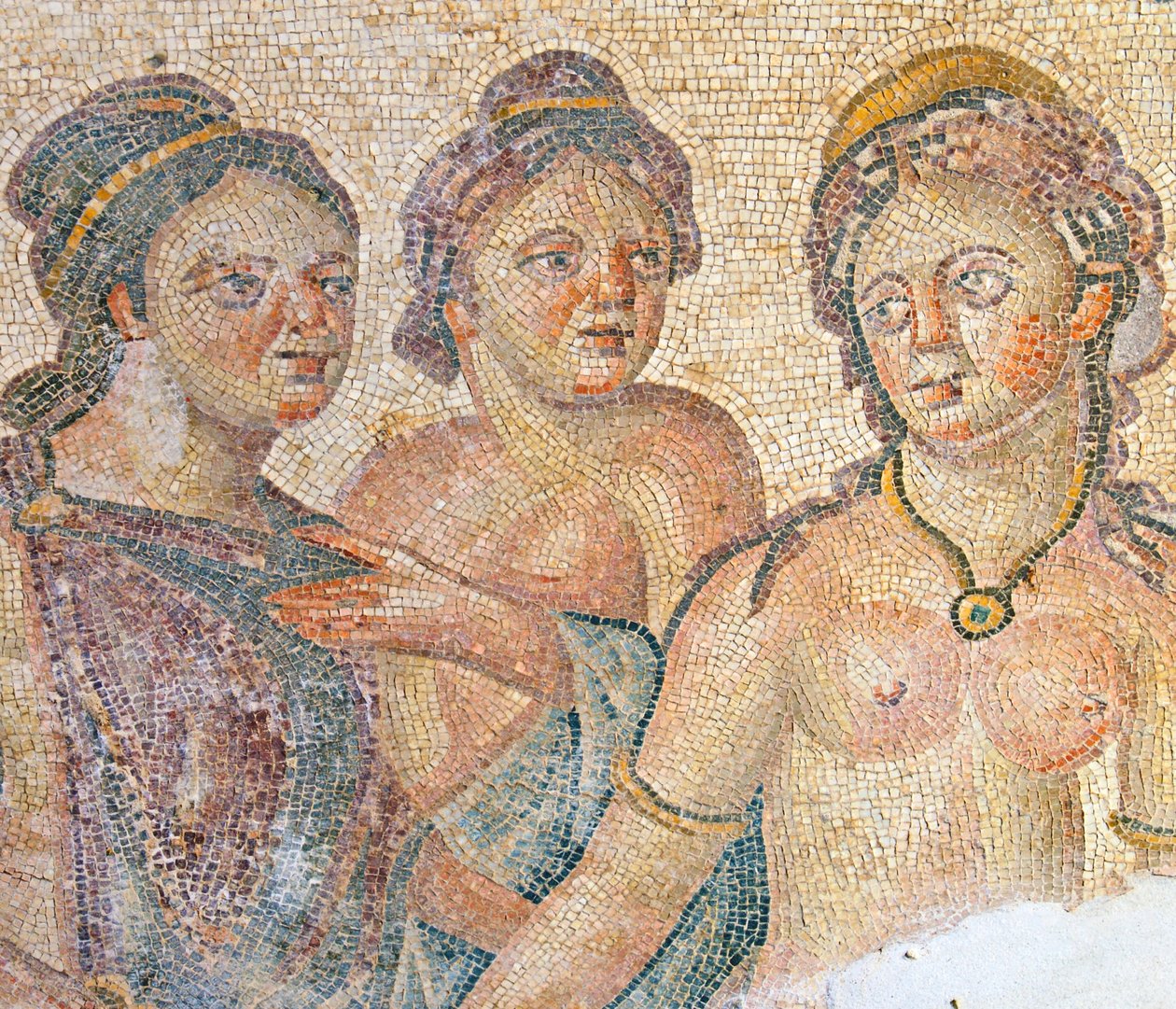 Leda和她的女佣，Leda和Zeus马赛克，House of Aion，Paphos，塞浦路斯（马赛克）的细节 作者 小说