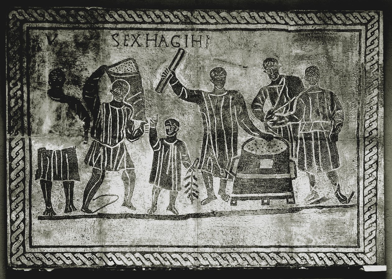 罗马艺术：测量谷物（玉米）。盖乌斯-格拉库斯（Gaius Gracchus）的玉米津贴......，公元 2 世纪（马赛克）。 作者 小说