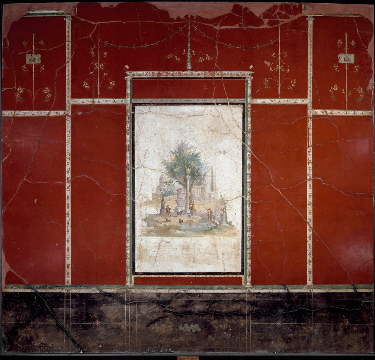 罗马艺术。归功于阿曼多大师的壁画 "Bucolic landscape and sacred" 来自Boscotrecase，Agrippa Postumo的别墅。1世纪。Dim.153x98厘米 那不勒斯，国家考古博物馆 作者 小说