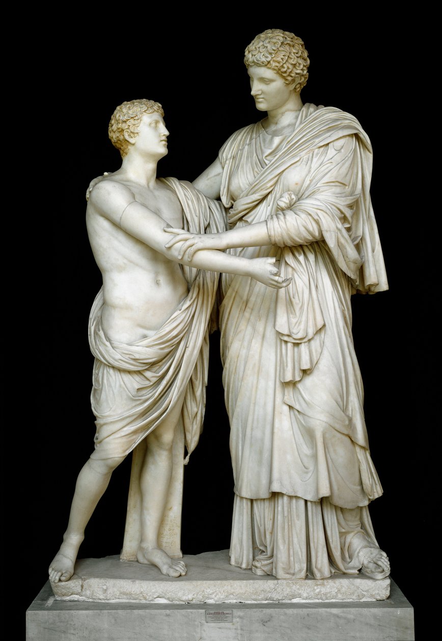 罗马艺术：“Oreste et Electre”“公元 1 世纪的大理石雕塑。 来自 Ludovisi 系列，Dim。 192 cm - 罗马，Museo Nazionale Romano (o delle Terme) 意大利 - Orestes and Electra - 大理石雕塑（高 210 cm），罗马帝国时期（公元前 27 年 - 476 年） 作者 小说