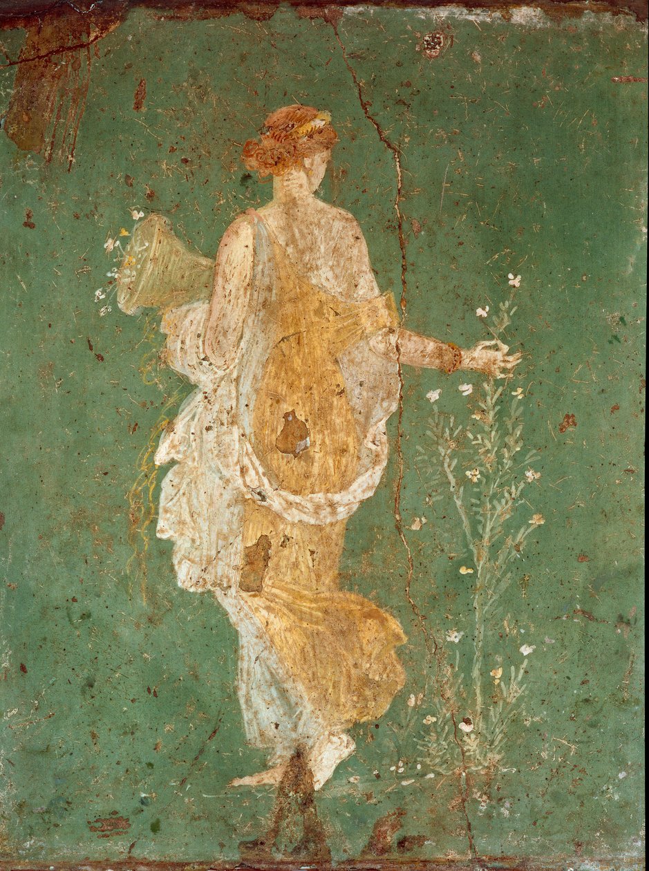 罗马艺术：《春》《Flora》（Flora）采花。 壁画来自庞贝附近的 Varano a Stabies (Stabiae) 别墅。 公元前 15 年至公元 60 年。 那不勒斯国家考古博物馆 - 罗马艺术：春天，植物群采摘鲜花。 斯塔比亚瓦拉诺别墅的壁画 作者 小说