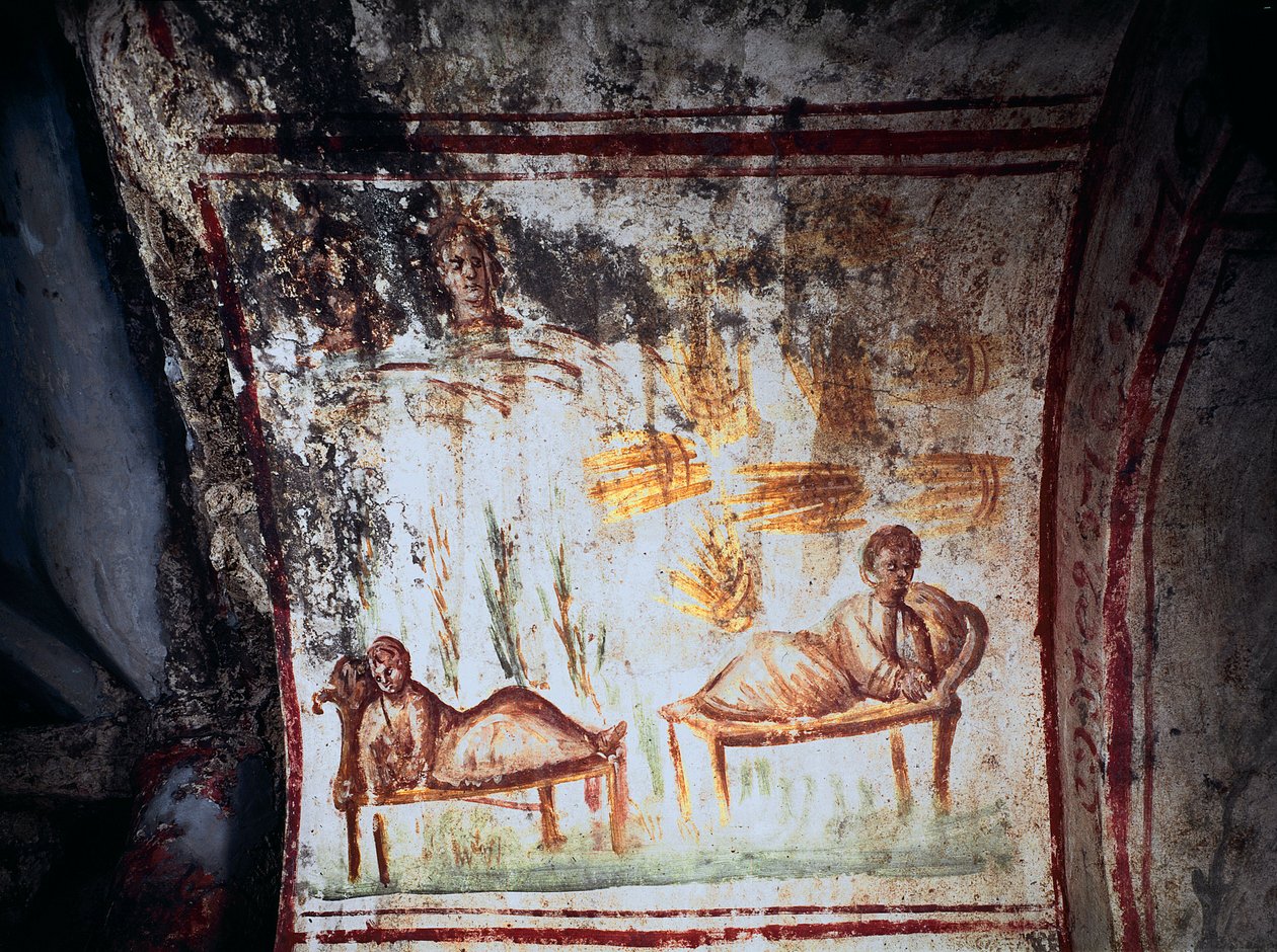罗马艺术：““雅各之子约瑟夫的梦想”“4 世纪的壁画。 通过拉丁，罗马地下墓穴 - 罗马艺术。 约瑟夫的梦想。 壁画，公元 4 世纪。 Via Latina 地下墓穴，罗马，意大利 作者 小说