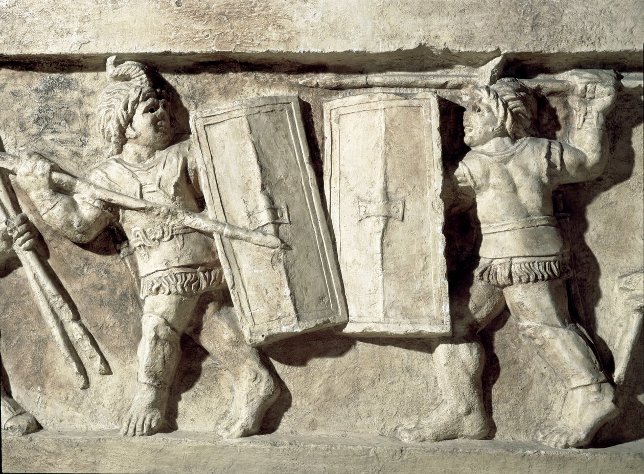 罗马艺术：代表角斗士之战的浅浮雕。 公元一世纪。 罗马, Museo della Civilta Romana 作者 小说