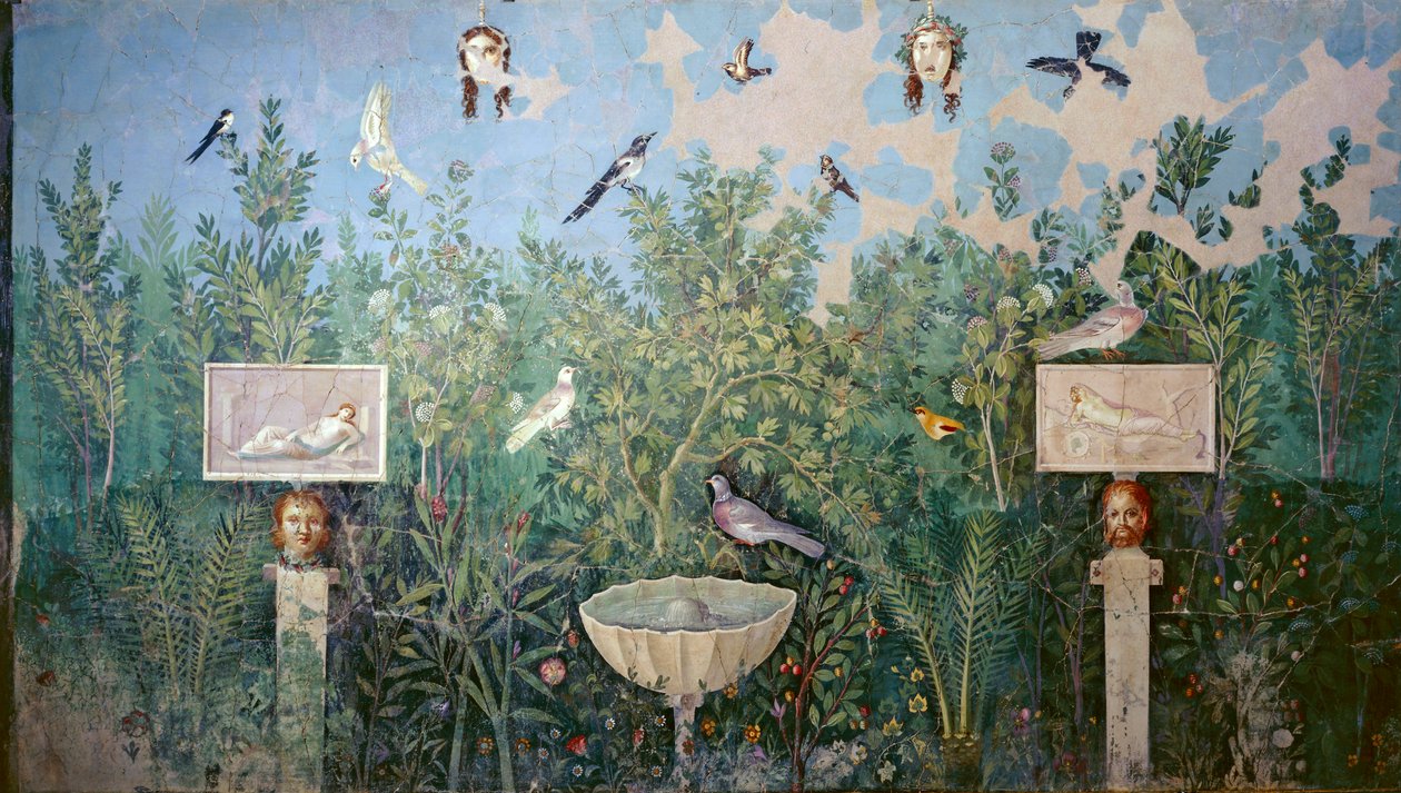 描绘花园和鸟类的壁画，金手镯之家，庞贝城 作者 小说
