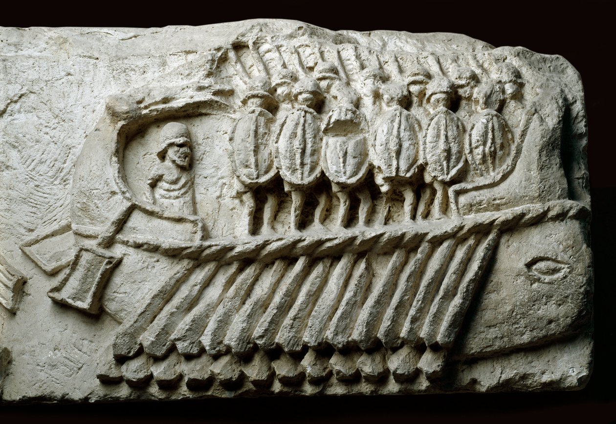 Cast of a Roman bireme warship carrying armed soldiers (relief on rock) 作者 罗马罗马