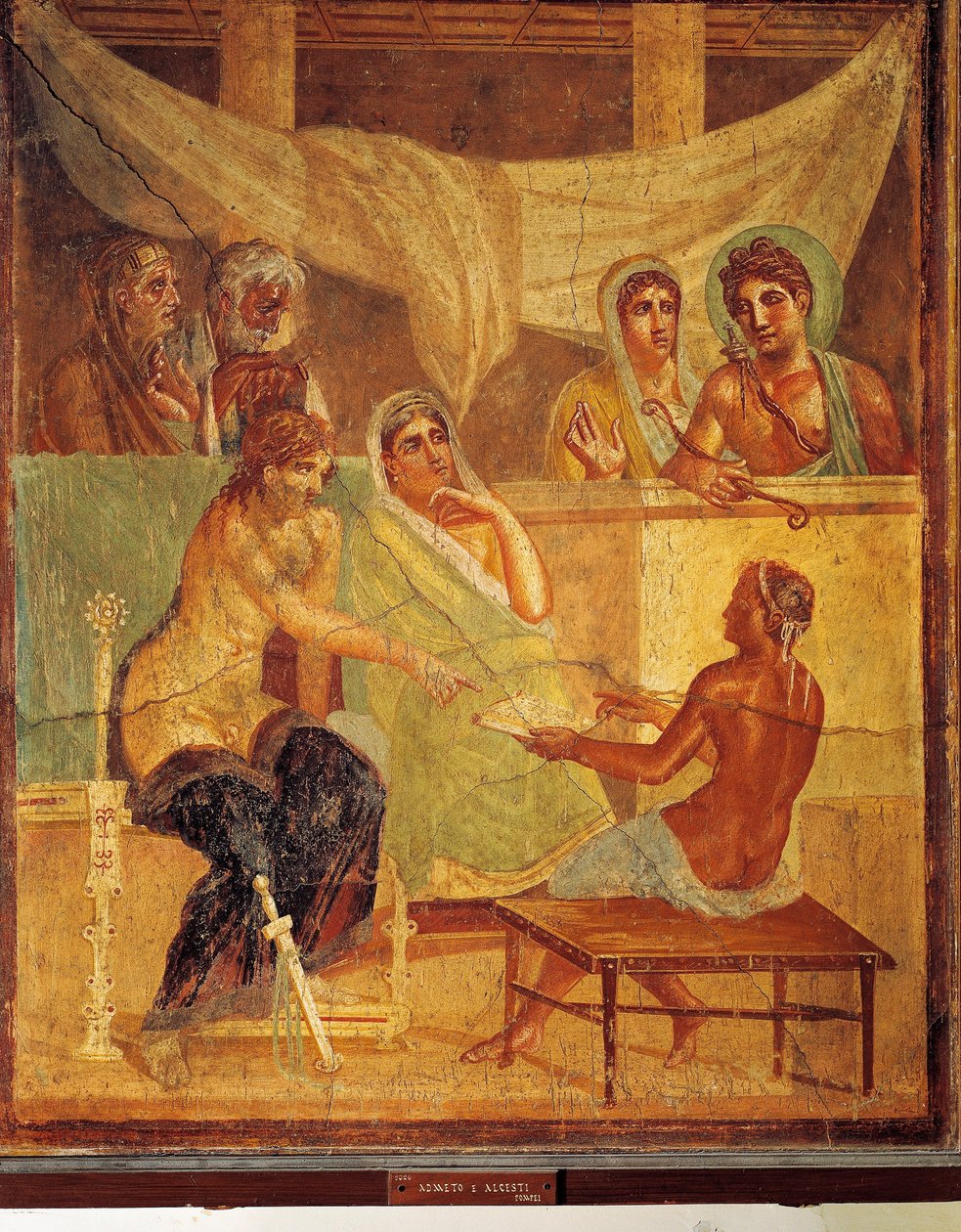 壁画描绘了 A.D.metus 和 Alcestis 咨询神谕，来自意大利庞贝的悲剧诗人之家 作者 罗马罗马