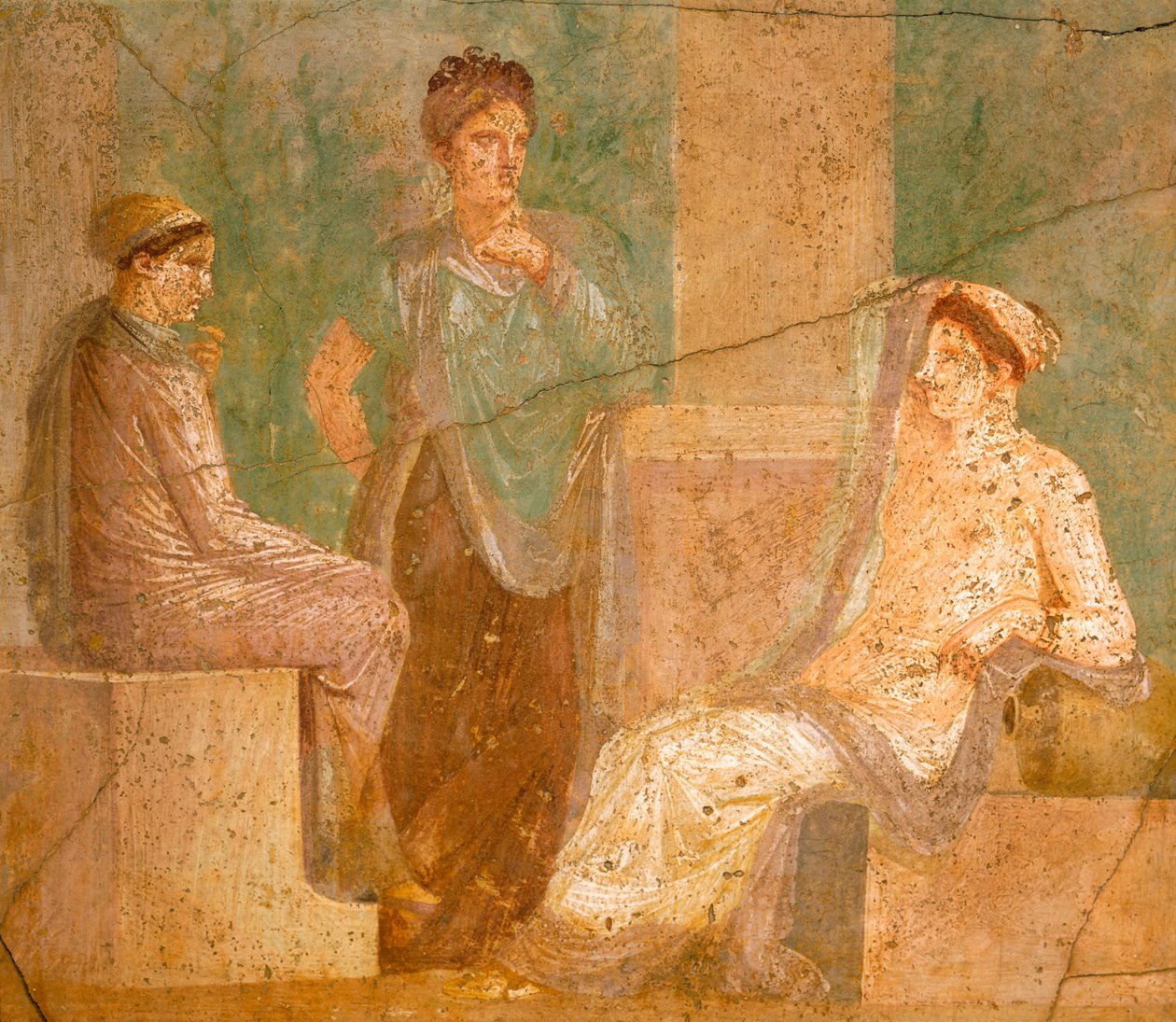 壁画描绘了一群罗马女士在交谈，来自古代狩猎之家，庞贝，坎帕尼亚，罗马文明 作者 罗马罗马