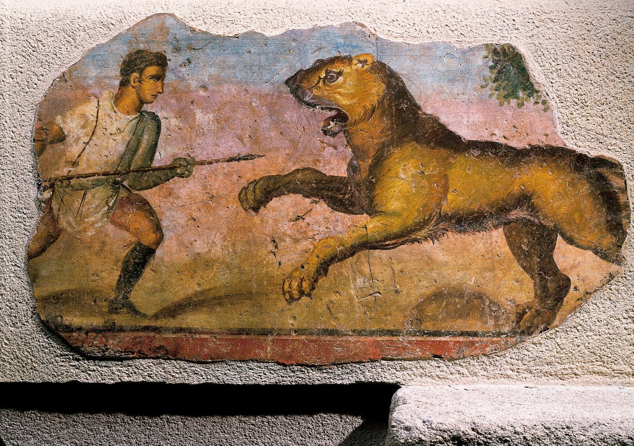 Gladiator fighting a lion (fresco) 作者 罗马罗马